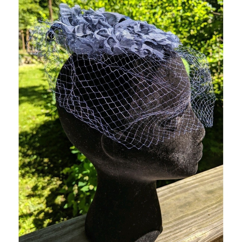 Vintage Ladies Navy Church Hat Dot Netting Velvet Bow J Jrs USA Union Made Goth